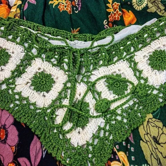 Thai Green Floral Crocheted Bodice Midi Summer Dress Sz S/M - Picture 6 of 11